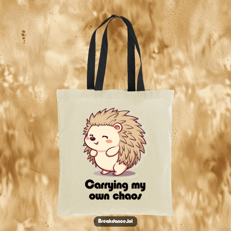 Funny tote bag with a cheerful hedgehog spinning happily on its back, a vibrant and hilarious accessory for daily use.
