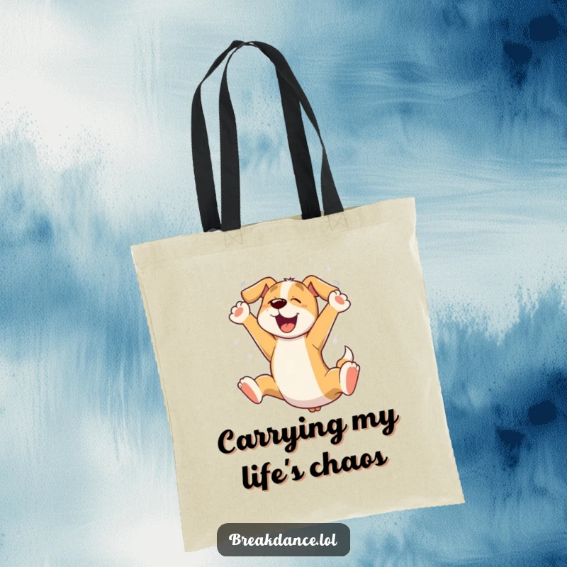 Funny dog leaping tote bag, a cartoon dog in a dynamic leap, paws spread wide, ready for adventure.