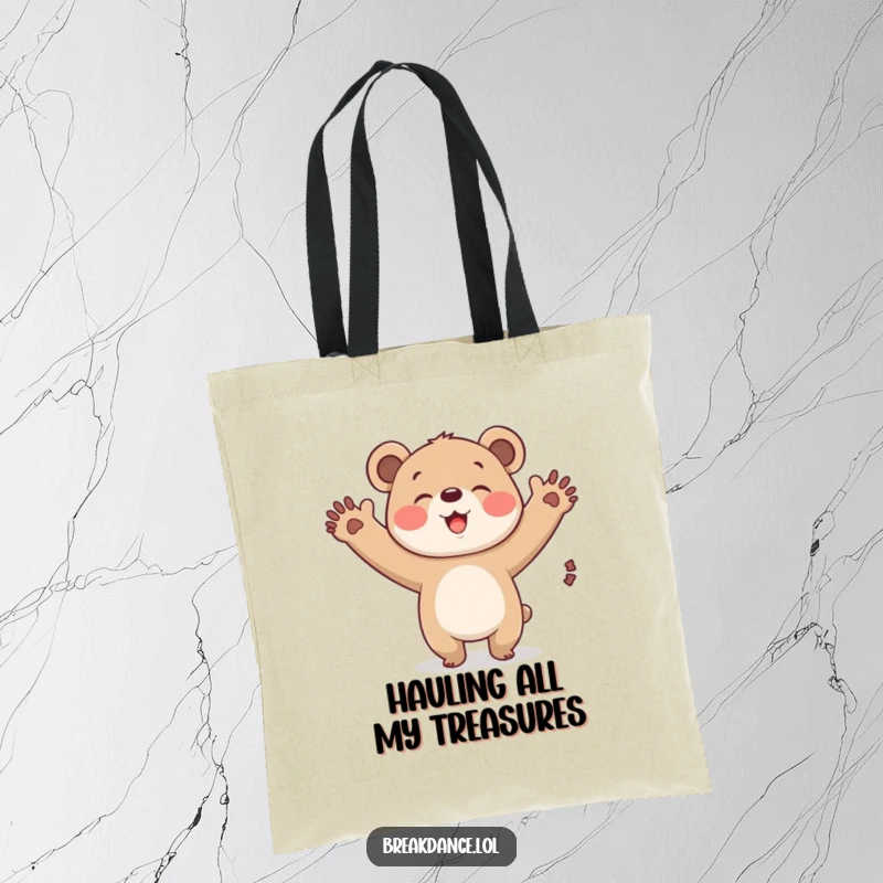 Funny bear cub windmill tote bag, a cartoon bear cub energetically spinning its arms, perfect for everyday use.