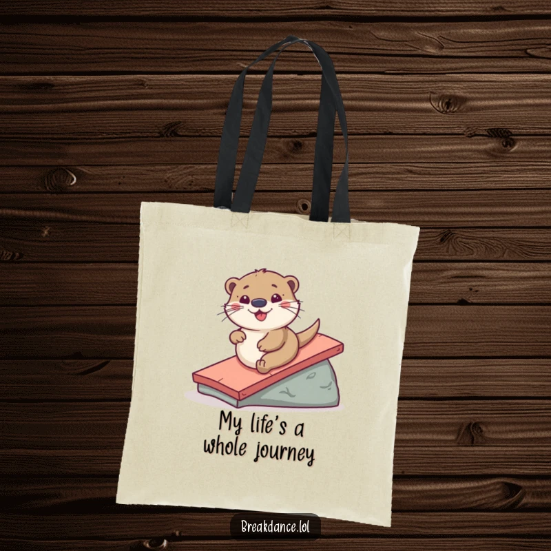 Funny tote bag featuring a playful otter sliding down a ramp, adding a splash of hilarious aquatic fun to your everyday carry.